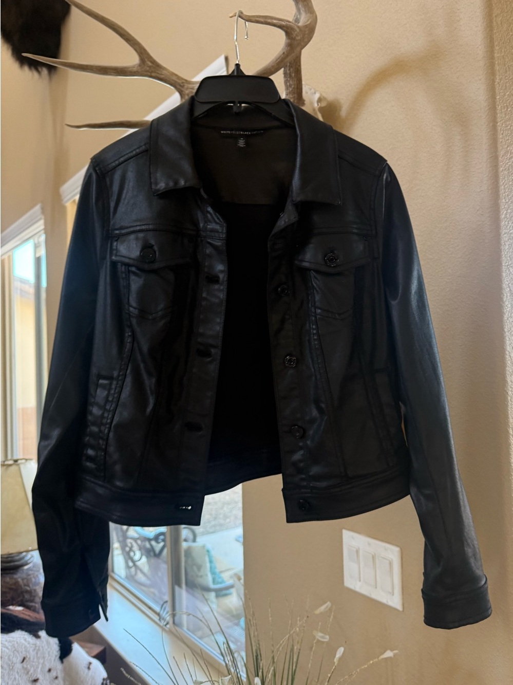 White House Black Market Black Faux Leather Button-Up Jacket